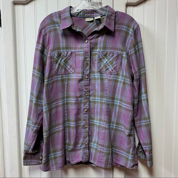 LL Bean vintage plaid button front shirt womens size large purple plaid Button - Picture 4 of 9